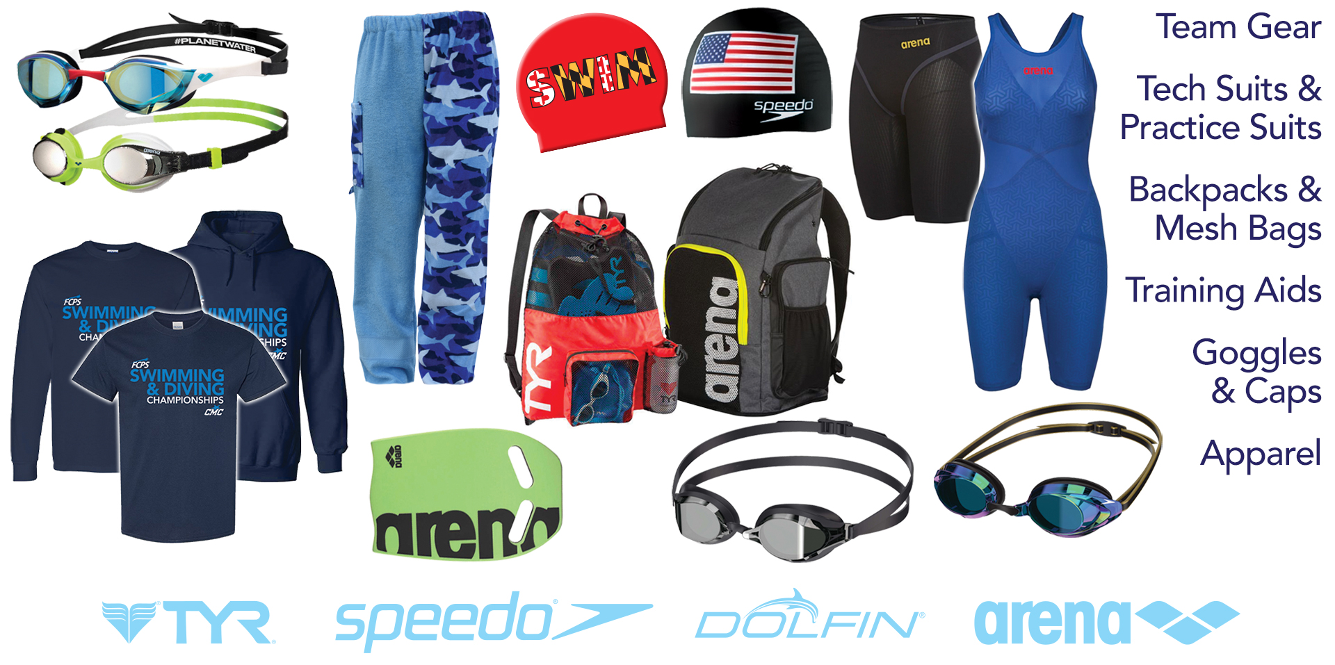 Competitive Swim Team Gear, Tech Suits & Practice Suits, Backpacks & Mesh Bags, Training Aids, Goggles & Caps, Apparel